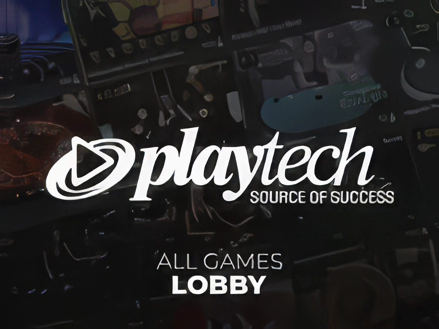 Logo dostawcy gier Playtech w tle jego katalogu gier
